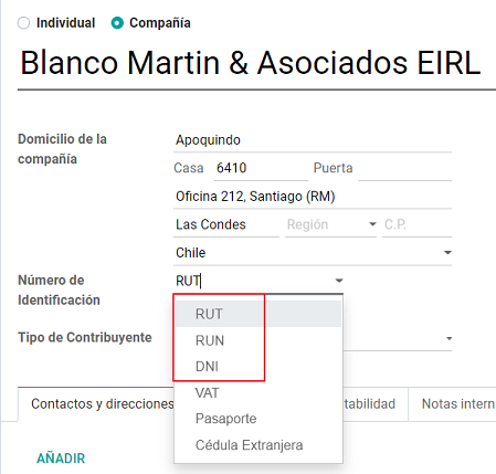 Chilean identification types for partners.