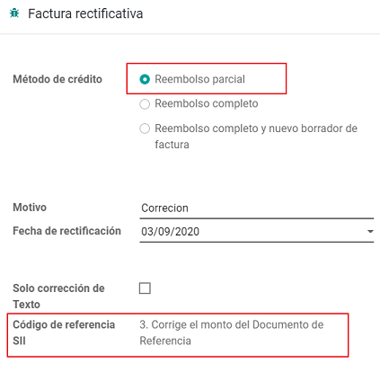 Credit note for partial refund to correct amounts, using the SII reference code 3.