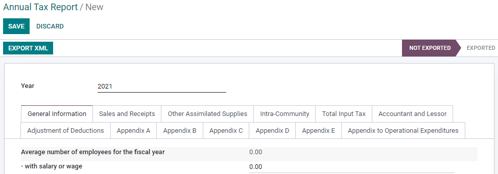 Odoo Accounting (Luxembourg localization) generates an annual tax declaration.