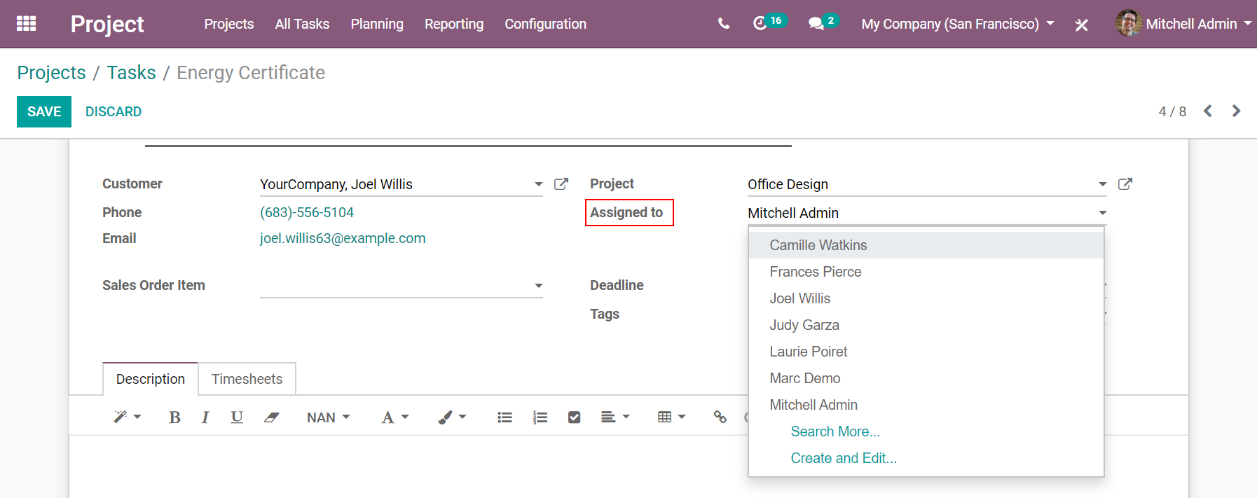 Choosing the responsible person for the task in Odoo Project