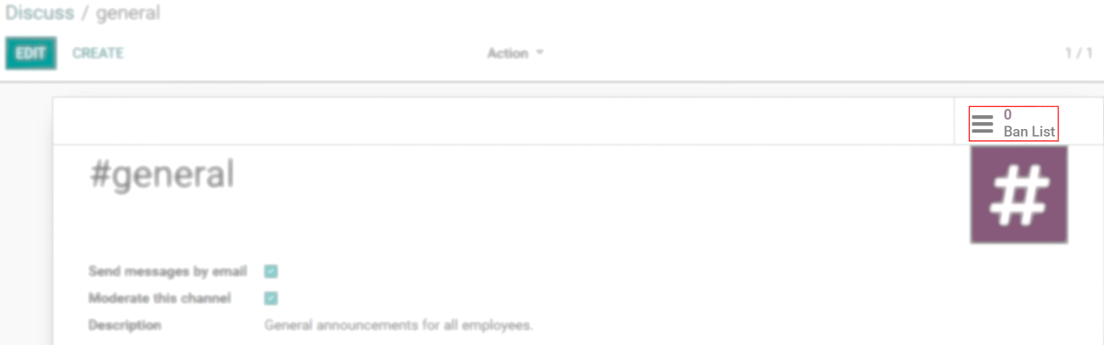 View of a channel’s setting form emphasizing the ban Lists menu in Odoo Discuss
