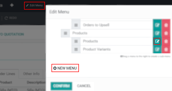 Overview of a menu being edit in Odoo Studio