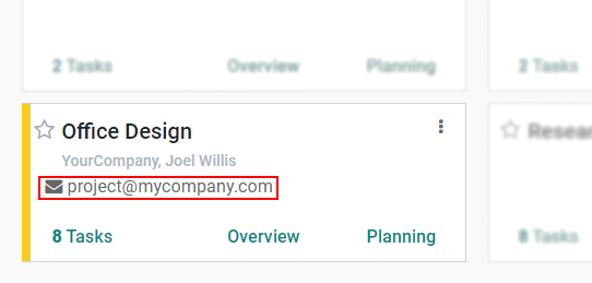 View of the email alias chosen on the dashboard view in Odoo Project