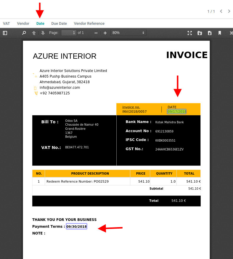 Example of a scanned bill in Odoo Accounting