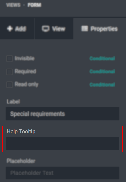 View of the properties emphasizing the help tooltip option in Odoo Studio