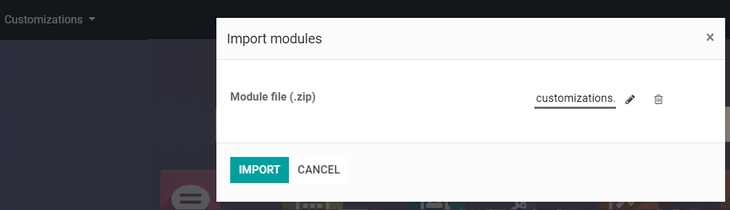 View of the import modules window for Odoo Studio