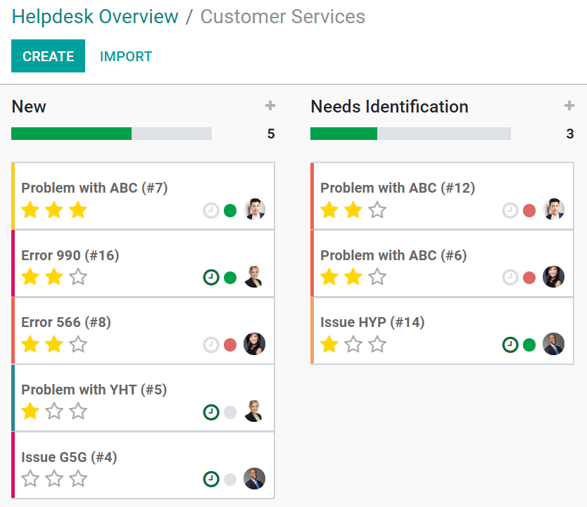 View of a team’s kanban view and the prioritized tasks in Odoo Helpdesk