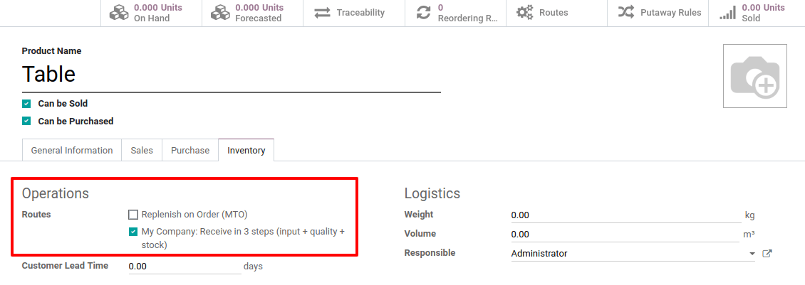 view of a product form, where the route must be selected