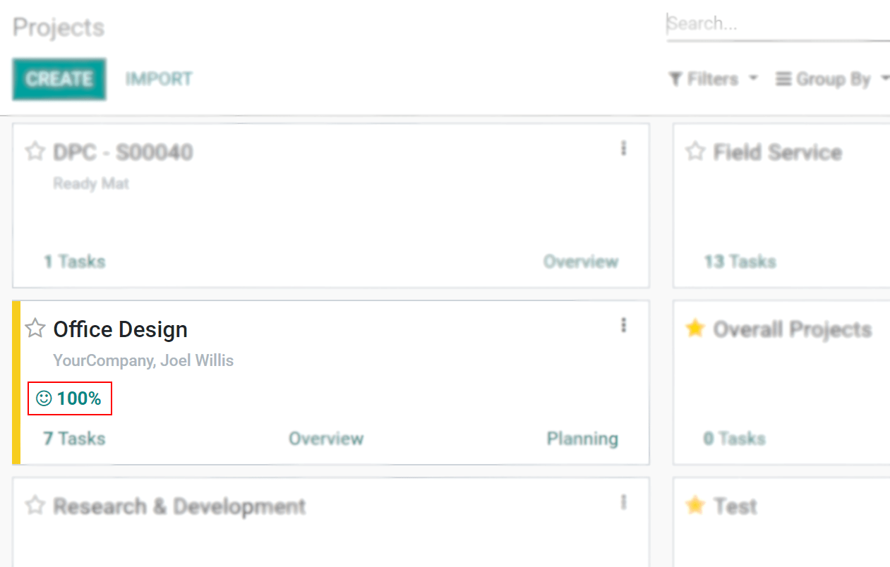 Project overview shows the percentage of happy ratings in Odoo Project