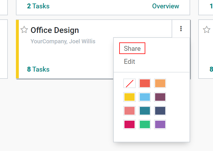Edit a project from the dashboard view and click on share in Odoo Project