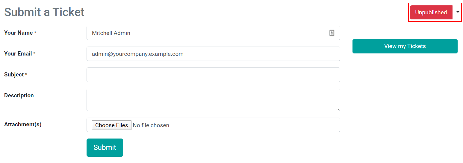 View of the website form to submit a ticket for Odoo Helpdesk