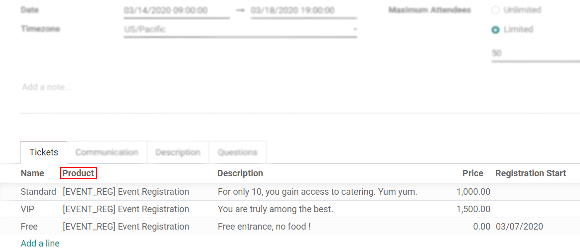 View of an event form highlighting the column product under the tab tickets in Odoo Events